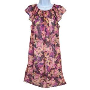 See by Chloe Pink Floral Print Ruffled Neck Shift Dress with pockets